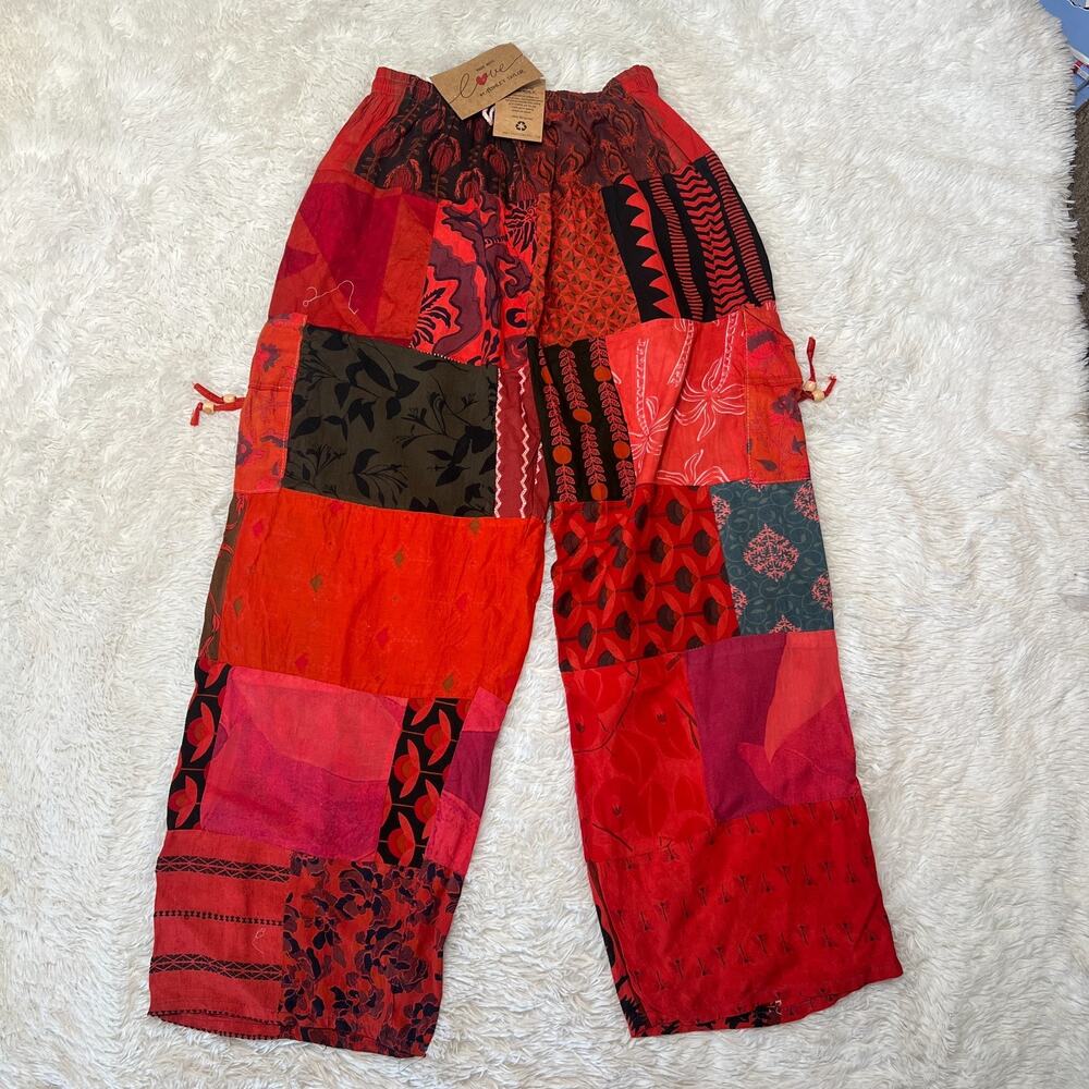 ASHLEY TAYLOR WOMENS PATCHWORK PANTS BOHO HIPPIE HAREM TROUSERS RED OSFM 1